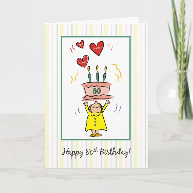 80th Birthday Cake and Hearts for Woman Card (Front)
