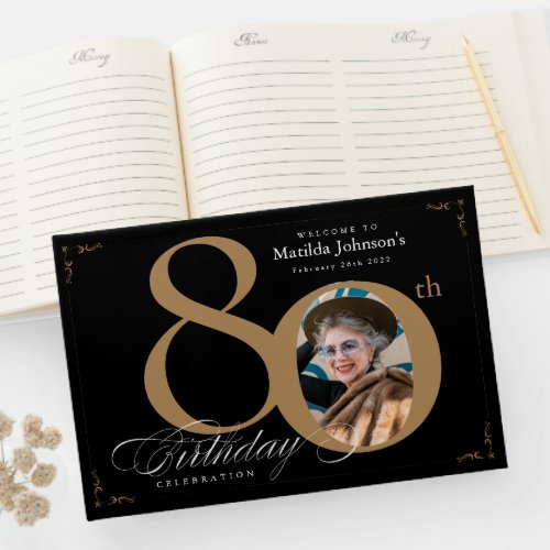 80th Birthday Calligraphy Gold Black Custom Photo Guest Book