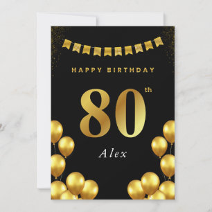80th Birthday Card Black and Gold Balloons