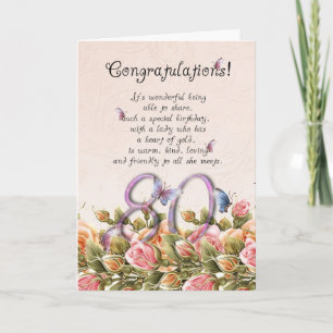 80th birthday card with butterflies and roses - co