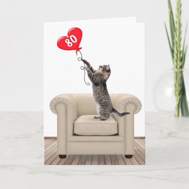80th Birthday Cat With Heart Balloon Card (Front)