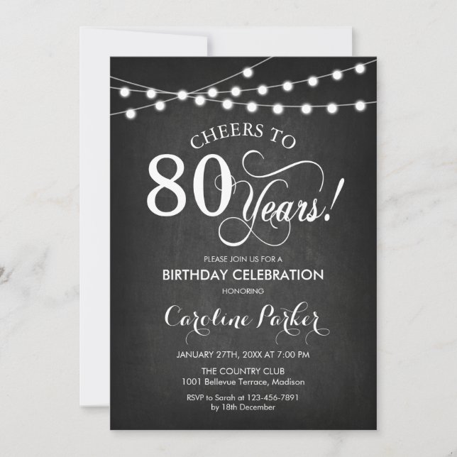 80th Birthday - Chalkboard Black White Invitation (Front)