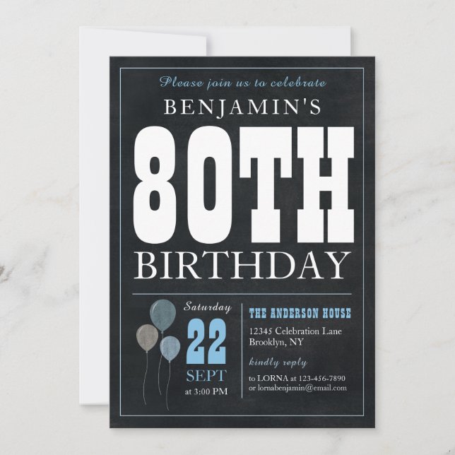 80th Birthday Chalkboard Blue Balloon Rustic Chic Invitation (Front)