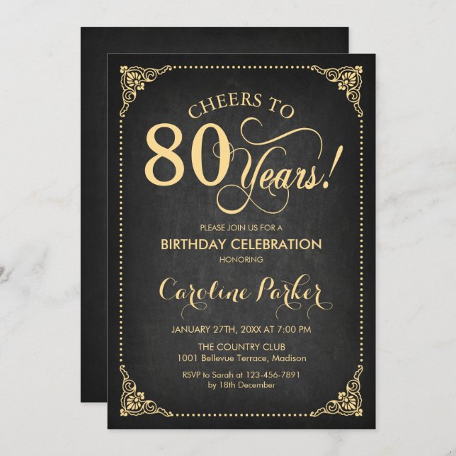 80th Birthday - Chalkboard Gold Invitation (Front/Back)