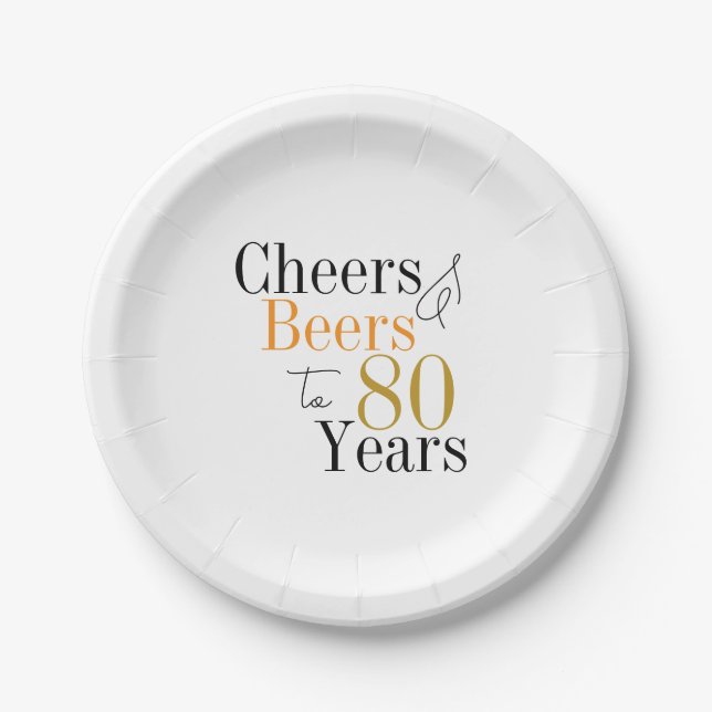 80th Birthday Cheers and Beers Minimal Party Paper Plates (Front)