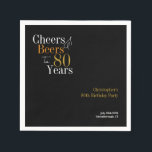 80th Birthday Cheers and Beers Party Black Gold Napkins<br><div class="desc">This is a cool and modern, personalized 80th birthday party design. It is a simple, minimal design, in classic black and gold typography. Perfect for a cool and fun, 80th birthday party. It has "Cheers and Beers to 80 Years" and space you to add your name and party date and...</div>