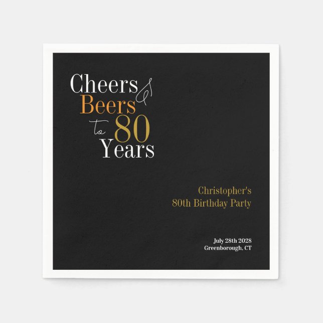 80th Birthday Cheers and Beers Party Black Gold Napkins (Front)