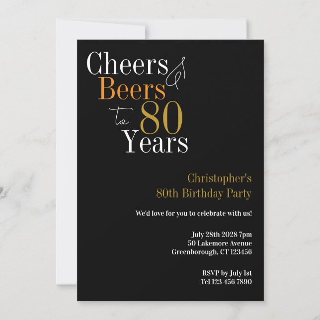 80th Birthday Cheers and Beers Party Invitation (Front)