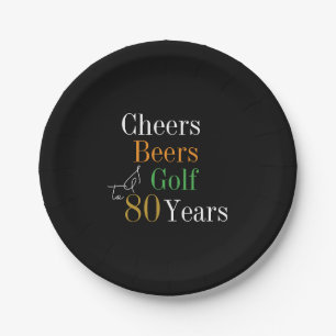 80th Birthday Cheers Beers Golf Black Gold Party Paper Plates