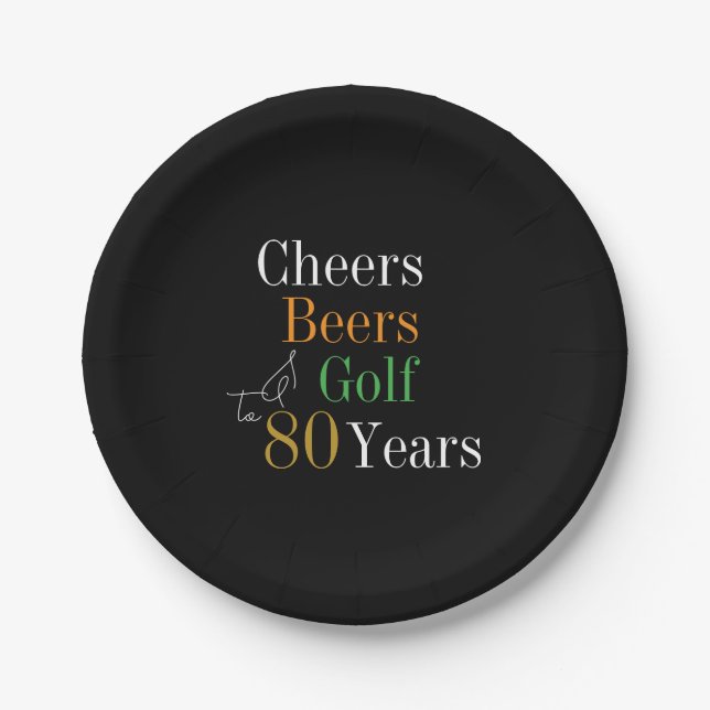 80th Birthday Cheers Beers Golf Black Gold Party Paper Plates (Front)