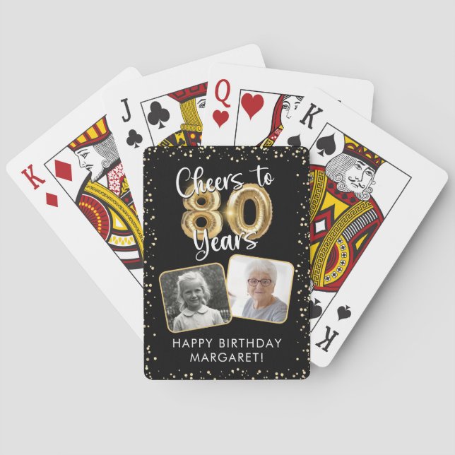 80th Birthday Cheers to 80 Years 2 Photos Black Poker Cards (Back)