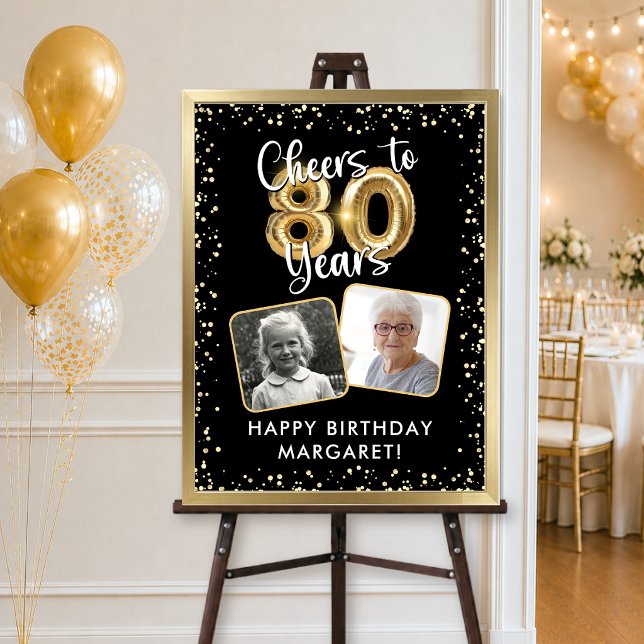 80th Birthday Cheers to 80 Years 2 Photos Black Poster (Creator Uploaded)