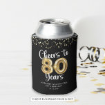 80th Birthday Cheers to 80 Years Black Gold Can Cooler<br><div class="desc">80th Birthday Cheers to 80 Years Black Gold Can Cooler or Coozie. Celebrate an 80th birthday for him or her with these modern and festive personalized can coozies featuring a CHEERS TO 80 YEARS design with faux metallic gold foil balloon numbers and confetti and script typography and your custom text...</div>