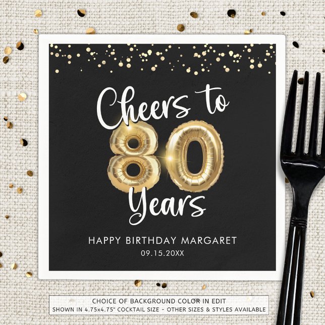 80th Birthday Cheers to 80 Years Black Gold Napkins (Creator Uploaded)