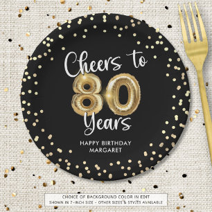 80th Birthday Cheers to 80 Years Black Gold Paper Plates