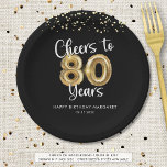 80th Birthday Cheers to 80 Years Black Gold Paper Plates<br><div class="desc">80th Birthday Cheers to 80 Years Black Gold Paper Plates. Celebrate an 80th birthday for her or him with these modern and festive personalized party paper plates featuring the title CHEERS TO 80 YEARS with faux metallic gold balloon numbers and script typography, gold confetti and your custom text in your...</div>