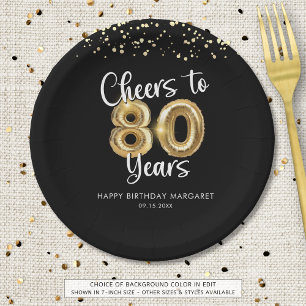 80th Birthday Cheers to 80 Years Black Gold Paper Plates
