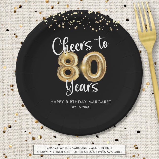 80th Birthday Cheers to 80 Years Black Gold Paper Plates (Creator Uploaded)