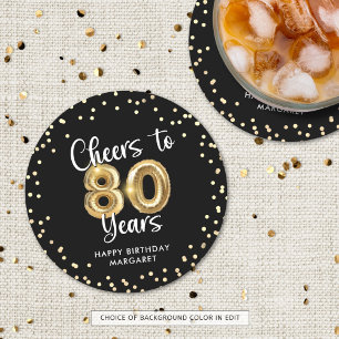80th Birthday Cheers to 80 Years Black Gold Round Paper Coaster
