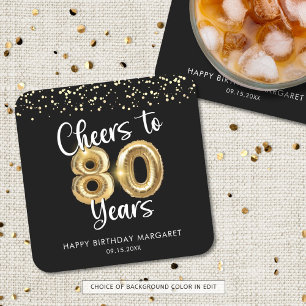 80th Birthday Cheers to 80 Years Black Gold Square Paper Coaster