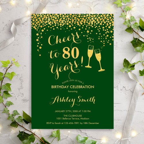 80th Birthday _ Cheers To 80 Years Gold Green Invitation