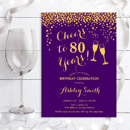 80th Birthday - Cheers To 80 Years Gold Purple Invitation
