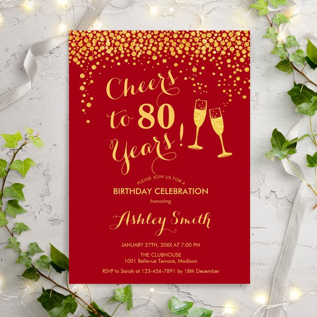 80th Birthday - Cheers To 80 Years Gold Red Invitation (Creator Uploaded)