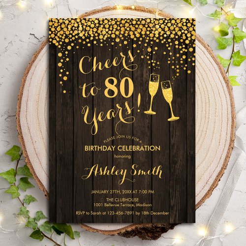 80th Birthday _ Cheers To 80 Years Gold Wood Invitation