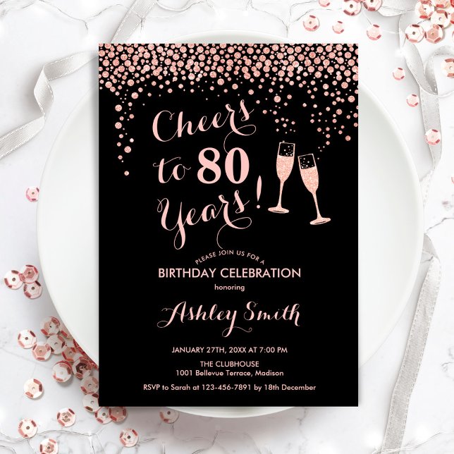 80th Birthday - Cheers To 80 Years Rose Gold Black Invitation (Creator Uploaded)