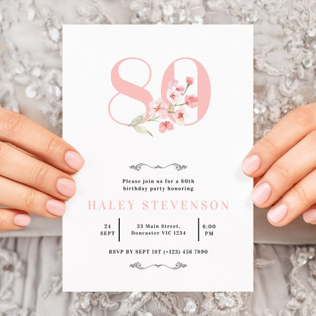 80th Birthday Chic Simple Pink & White Floral Invitation (Creator Uploaded)