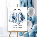 80th Birthday Coastal Blue Floral Number Welcome Foam Board<br><div class="desc">80th birthday party welcome board with number 80 decorated with rose buds, flower blooms and foliage in shades of coastal blue and sand. Subtle feminine and elegant design with watercolor floral arrangements, paint splatters and brush strokes. Perfect for 80th birthday celebration with coastal vibe, beach house or lakeside or water...</div>