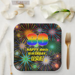 [ Thumbnail: 80th Birthday: Colorful, Fun Celebratory Fireworks Paper Plates ]