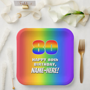 80th Birthday: Colorful, Fun Rainbow Pattern # 80 Paper Plates