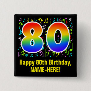 80th Birthday: Colorful Music Symbols, Rainbow 80 Button