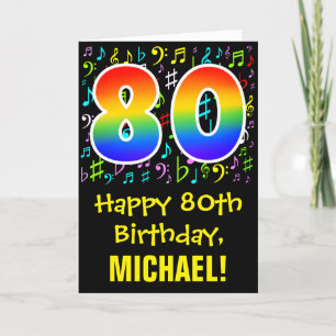 80th Birthday: Colorful Music Symbols + Rainbow 80 Card