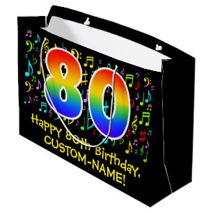 80th Birthday - Colorful Music Symbols, Rainbow 80 Large Gift Bag