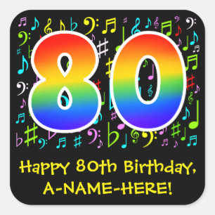80th Birthday: Colorful Music Symbols, Rainbow 80 Square Sticker