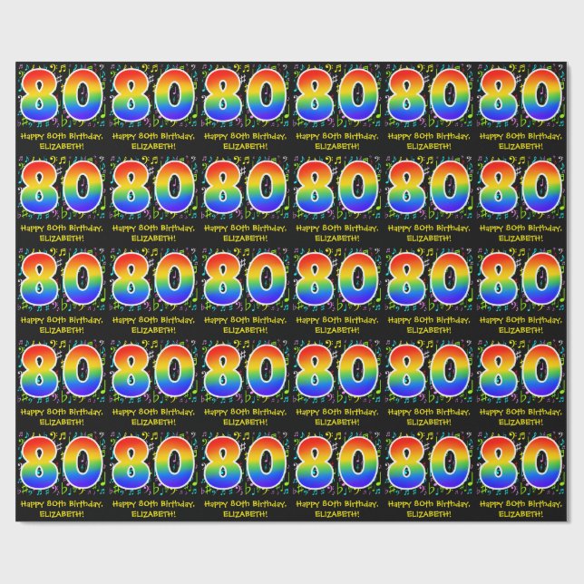 80th Birthday: Colorful Music Symbols, Rainbow 80 Wrapping Paper (Flat)