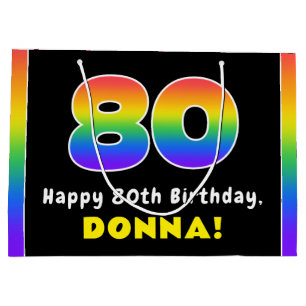 80th Birthday: Colorful Rainbow # 80, Custom Name Large Gift Bag
