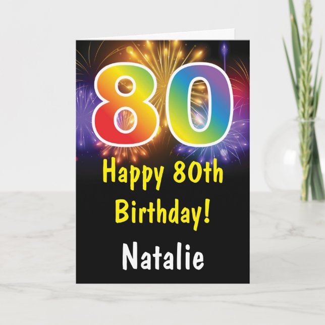 80th Birthday Colorful Rainbow Fireworks Card (Front)