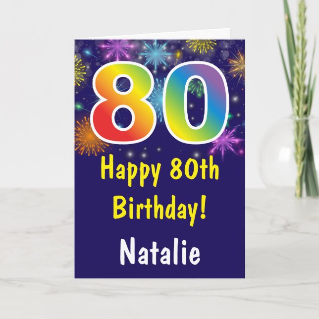 80th Birthday Colorful Rainbow Fireworks Navy Blue Card (Front)