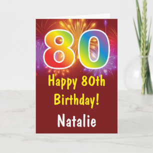 80th Birthday Colorful Rainbow Fireworks Red Card