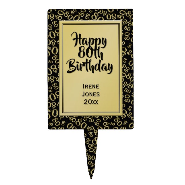 80th Birthday Cool Number Pattern Gold and Black Cake Topper (Front)