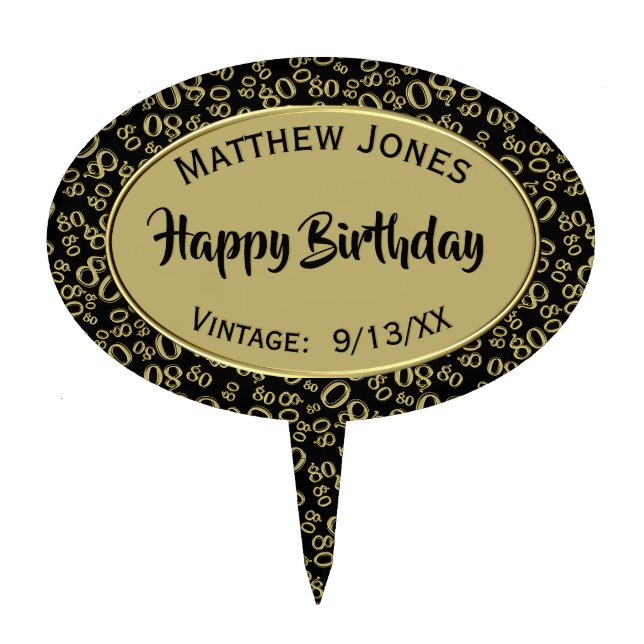 80th Birthday Cool Number Pattern Gold and Black Cake Topper (Front)