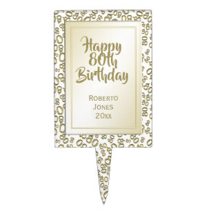 80th Birthday Cool Number Pattern Gold and White Cake Topper