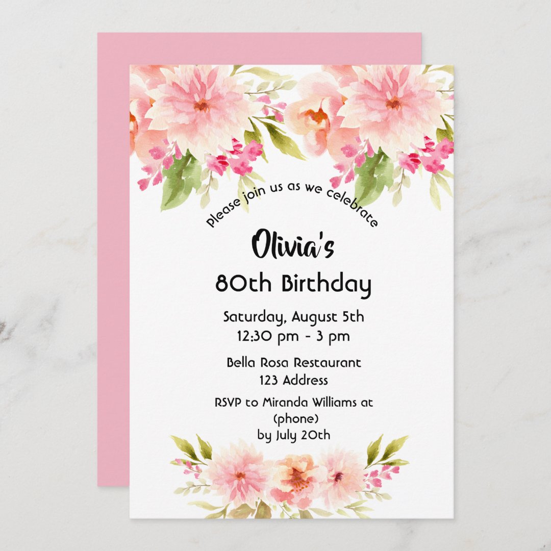 80th birthday coral dahlia flowers pastel pink invitation | Zazzle