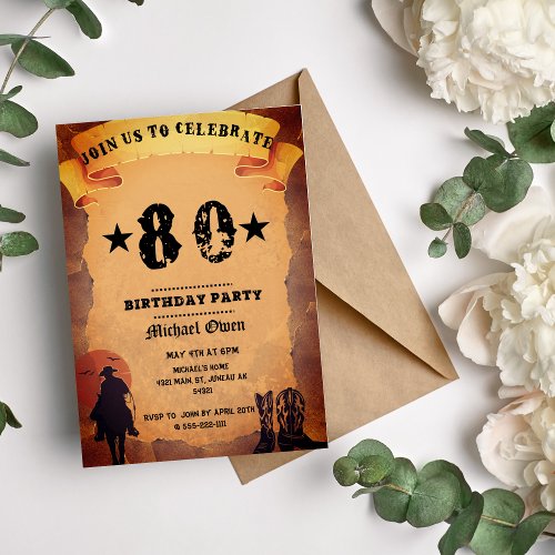 80th birthday cowboy old paper horse riding party invitation