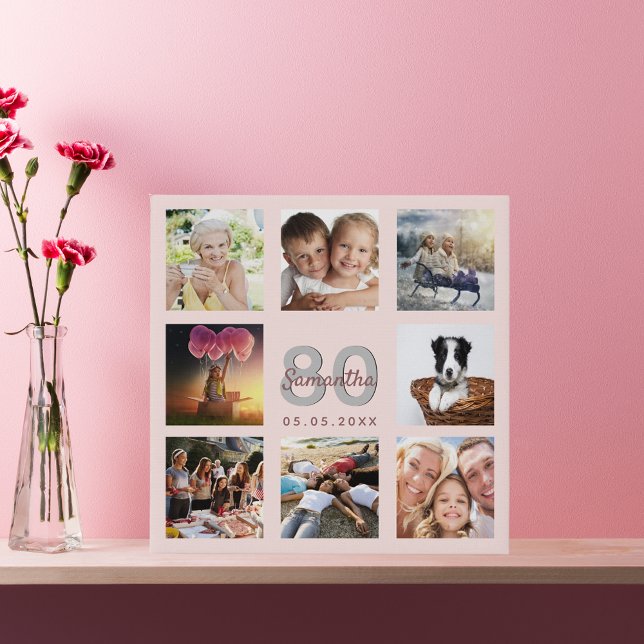 80th birthday custom photo collage rose gold name faux canvas print (Creator Uploaded)