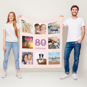 80th birthday custom photo collage rose gold pink fleece blanket