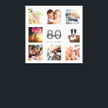 80th birthday custom photo collage white monogram canvas print<br><div class="desc">A unique 80th birthday gift or keepsake, celebrating her life with a collage of 8 of your photos. Add images of her family, friends, pets, hobbies or dream travel destination. Personalize and add a name, age 80 and a date. Gray and black colored letters. A chic white background. This canvas...</div>